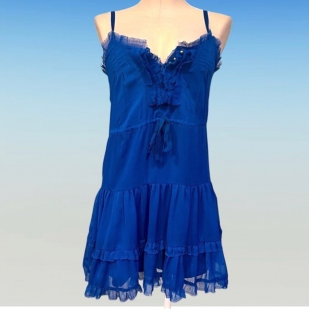 Staring at Stars for Anthropologie Dark Blue Flouncy Spaghetti Straps Mini Dress
